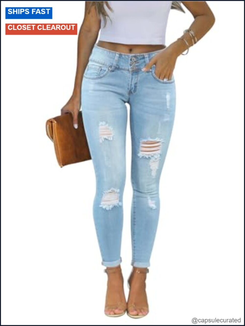 Skinny Ripped Distressed Stretchy Denim Jeans with Raw Hem